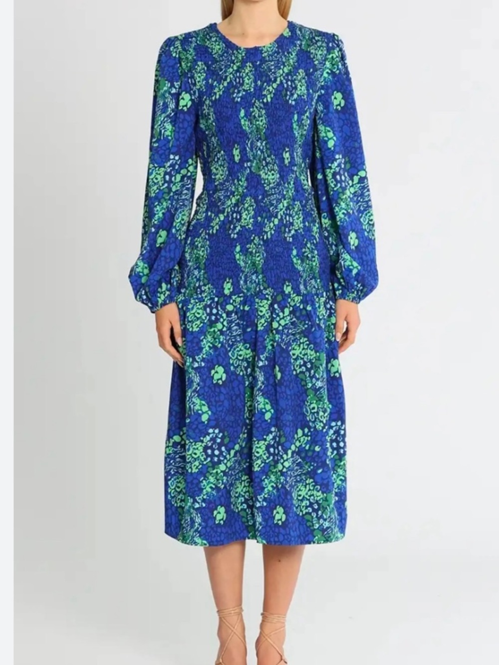 Never Fully Dressed Blue & Green Smocked Long Sleeve MIDI Dress Size US 6
